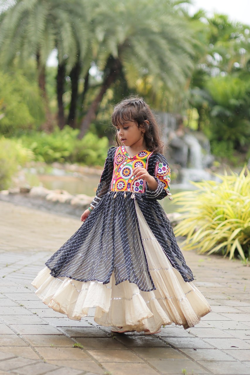 Black Elegant Lehenga and Kurti Combo for Adults & Kids - Full-Stitched Set