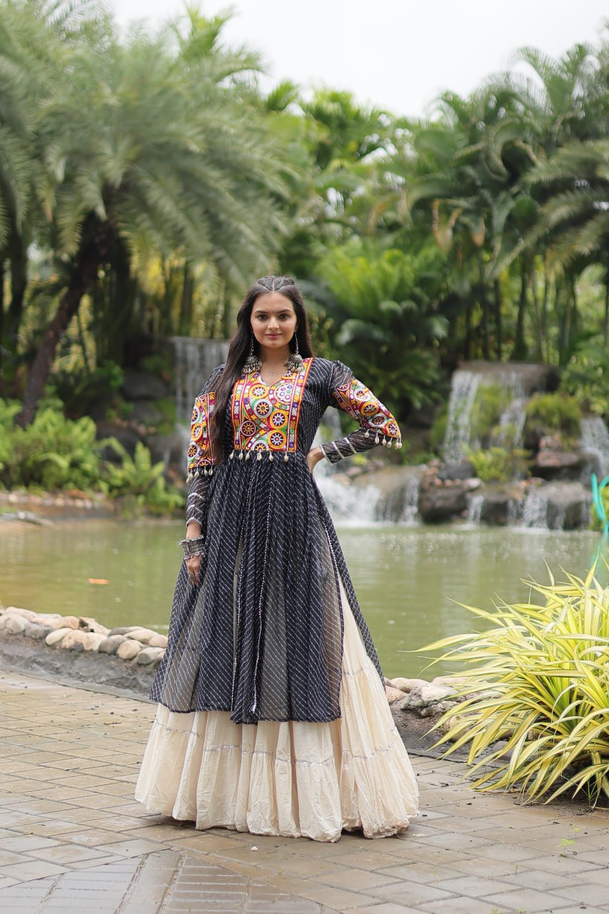 Black Elegant Lehenga and Kurti Combo for Adults & Kids - Full-Stitched Set