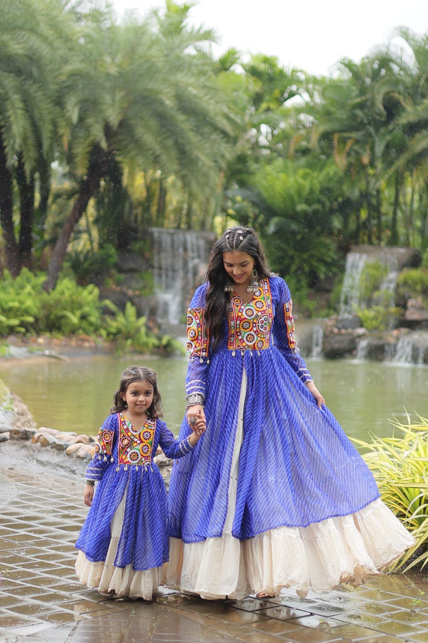 Blue Elegant Lehenga and Kurti Combo for Adults & Kids - Full-Stitched Set