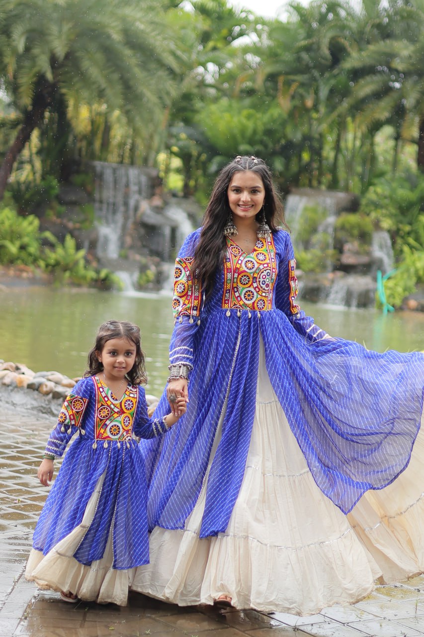 Blue Elegant Lehenga and Kurti Combo for Adults & Kids - Full-Stitched Set
