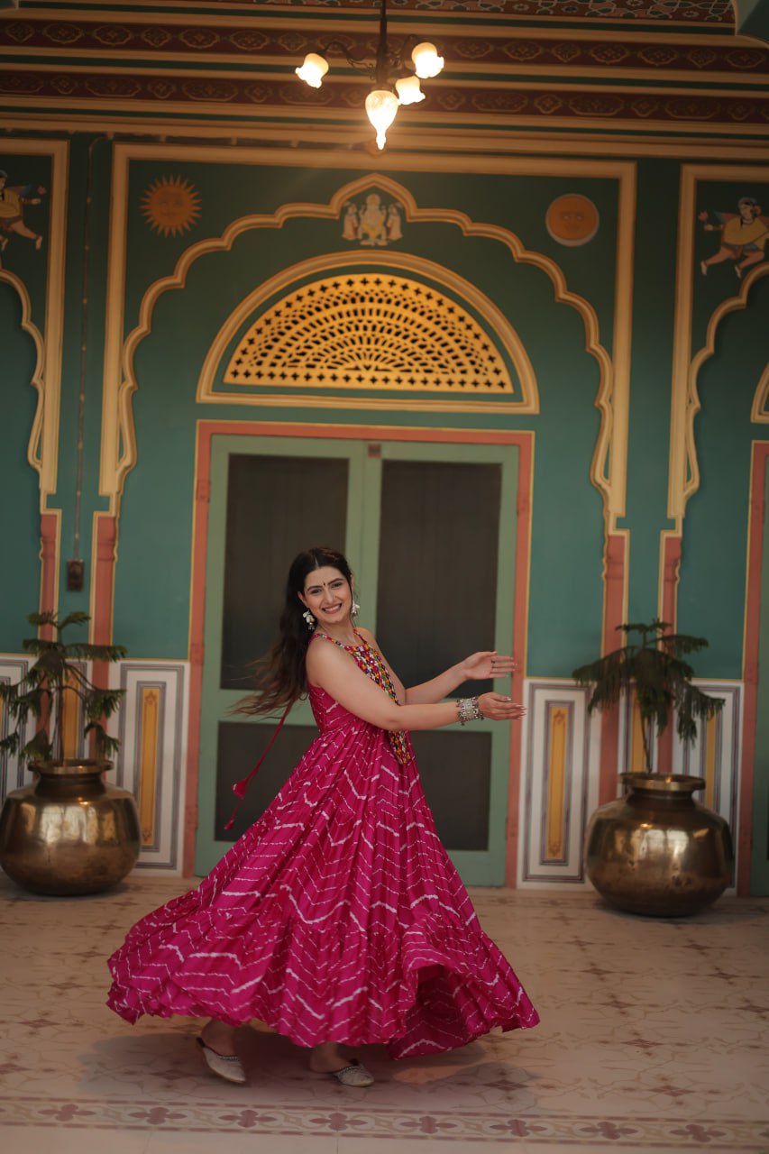 Magenta Graceful Leheriya Print Gown with Kutchi Patchwork