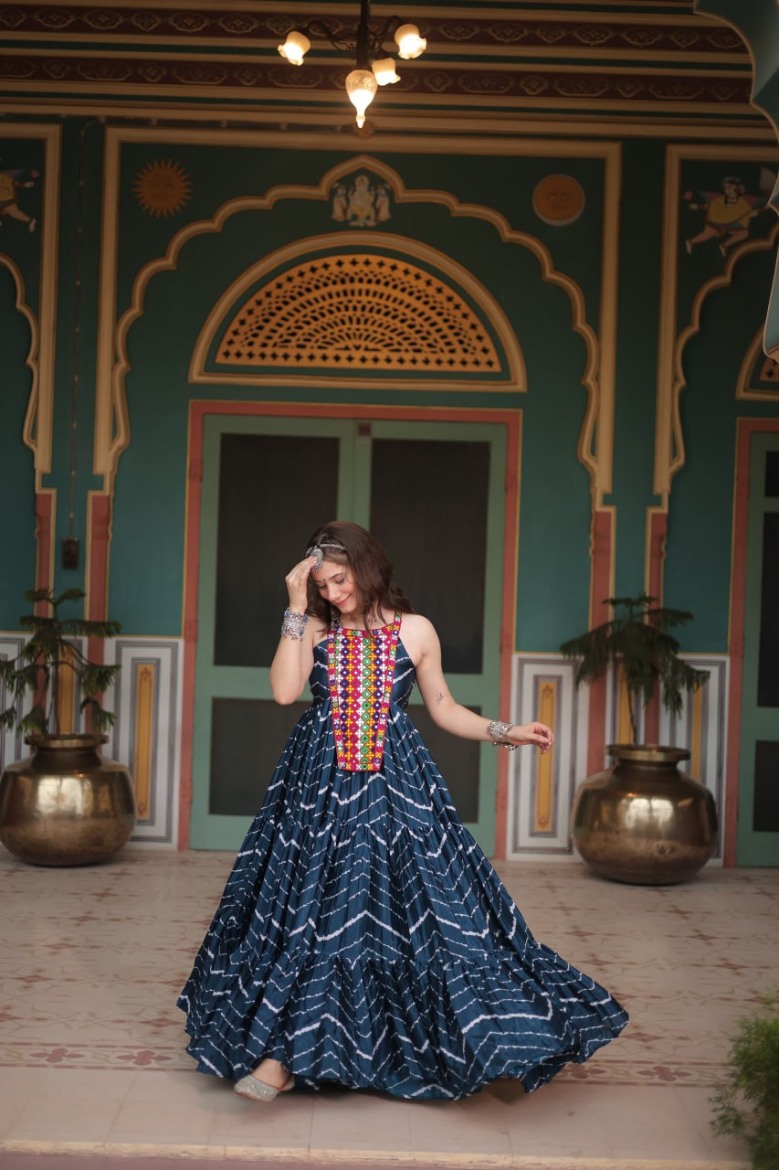 Navy Blue Graceful Leheriya Print Gown with Kutchi Patchwork