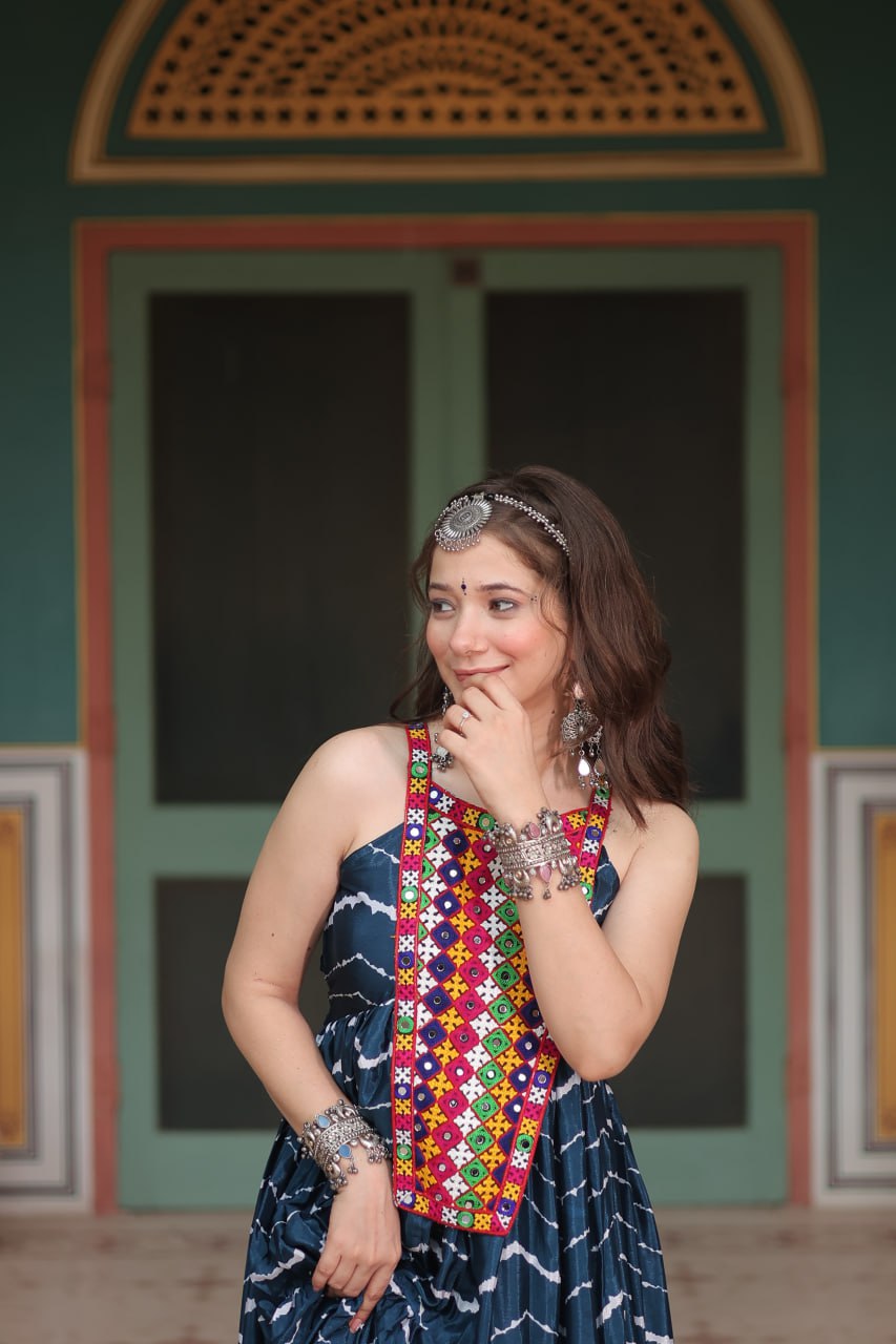 Navy Blue Graceful Leheriya Print Gown with Kutchi Patchwork