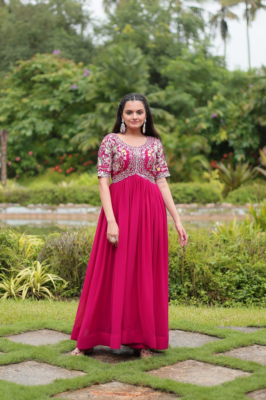 Magenta Luxury Designer Gown with Zari and Sequins Embroidery