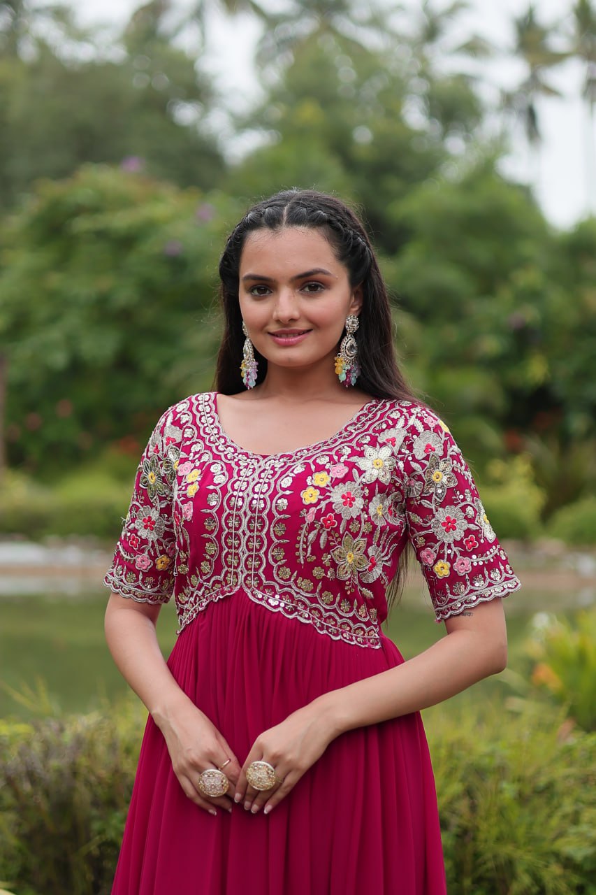 Magenta Luxury Designer Gown with Zari and Sequins Embroidery