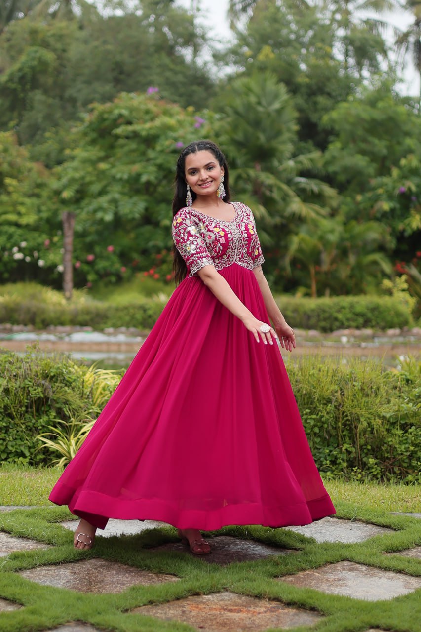 Magenta Luxury Designer Gown with Zari and Sequins Embroidery