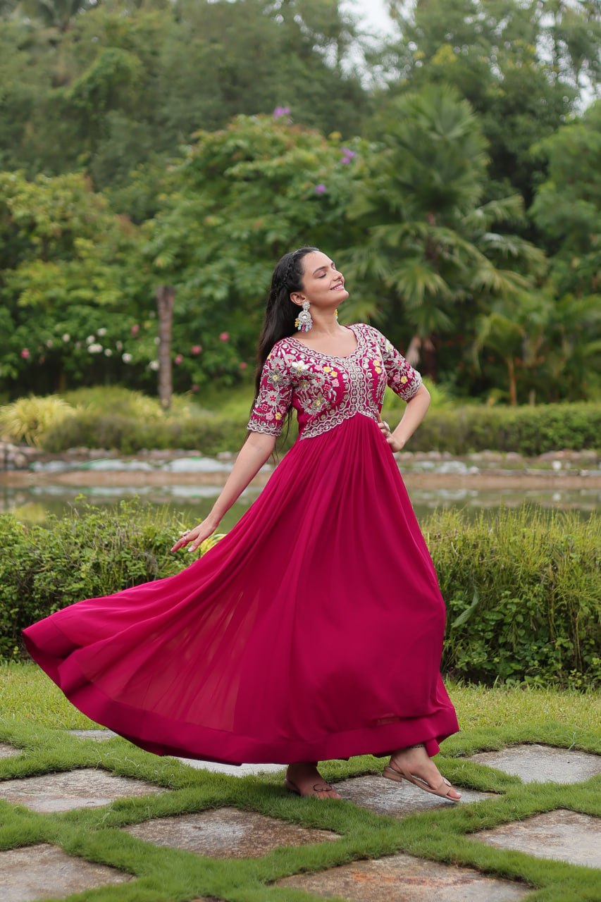 Magenta Luxury Designer Gown with Zari and Sequins Embroidery