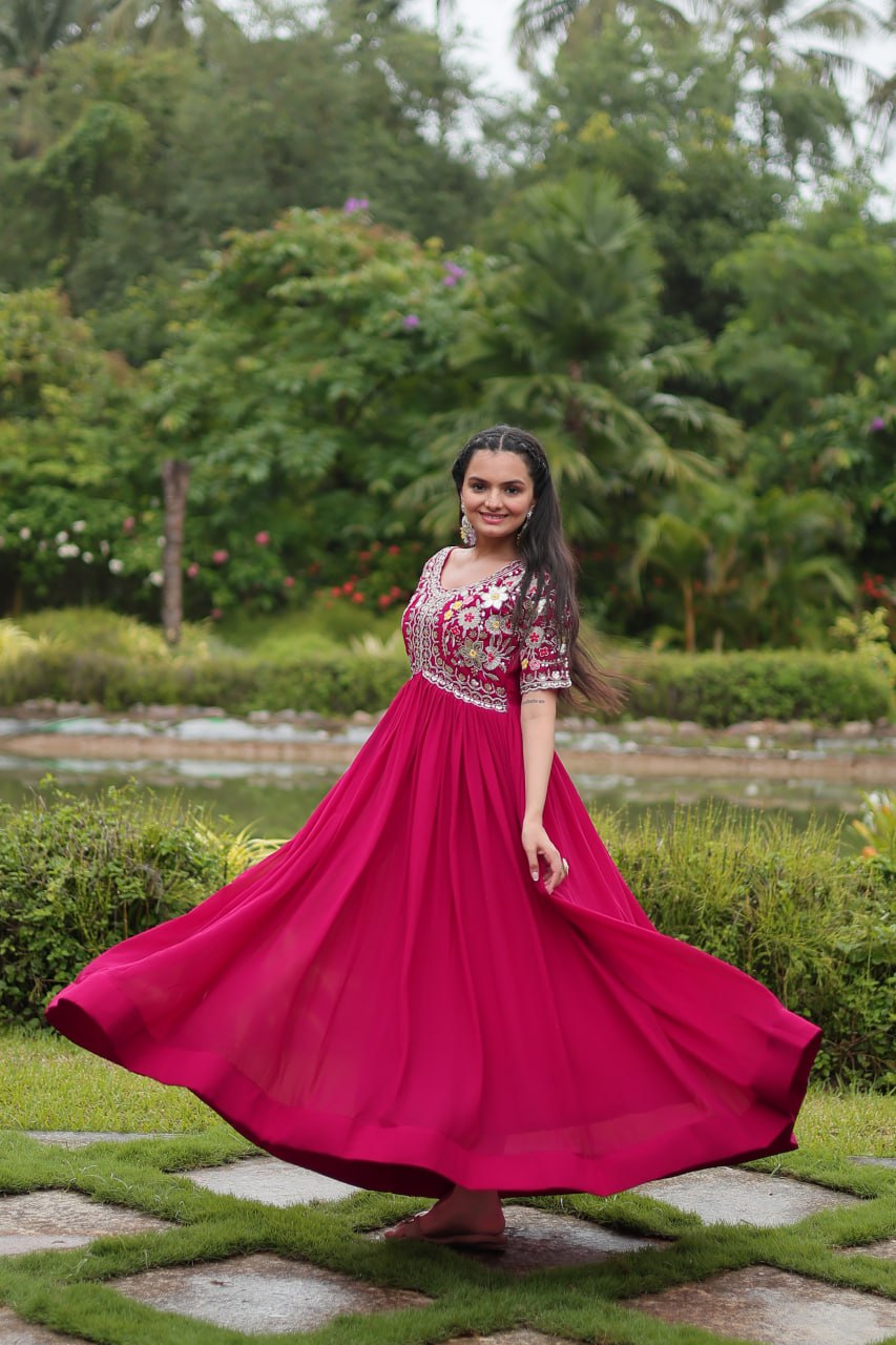 Magenta Luxury Designer Gown with Zari and Sequins Embroidery