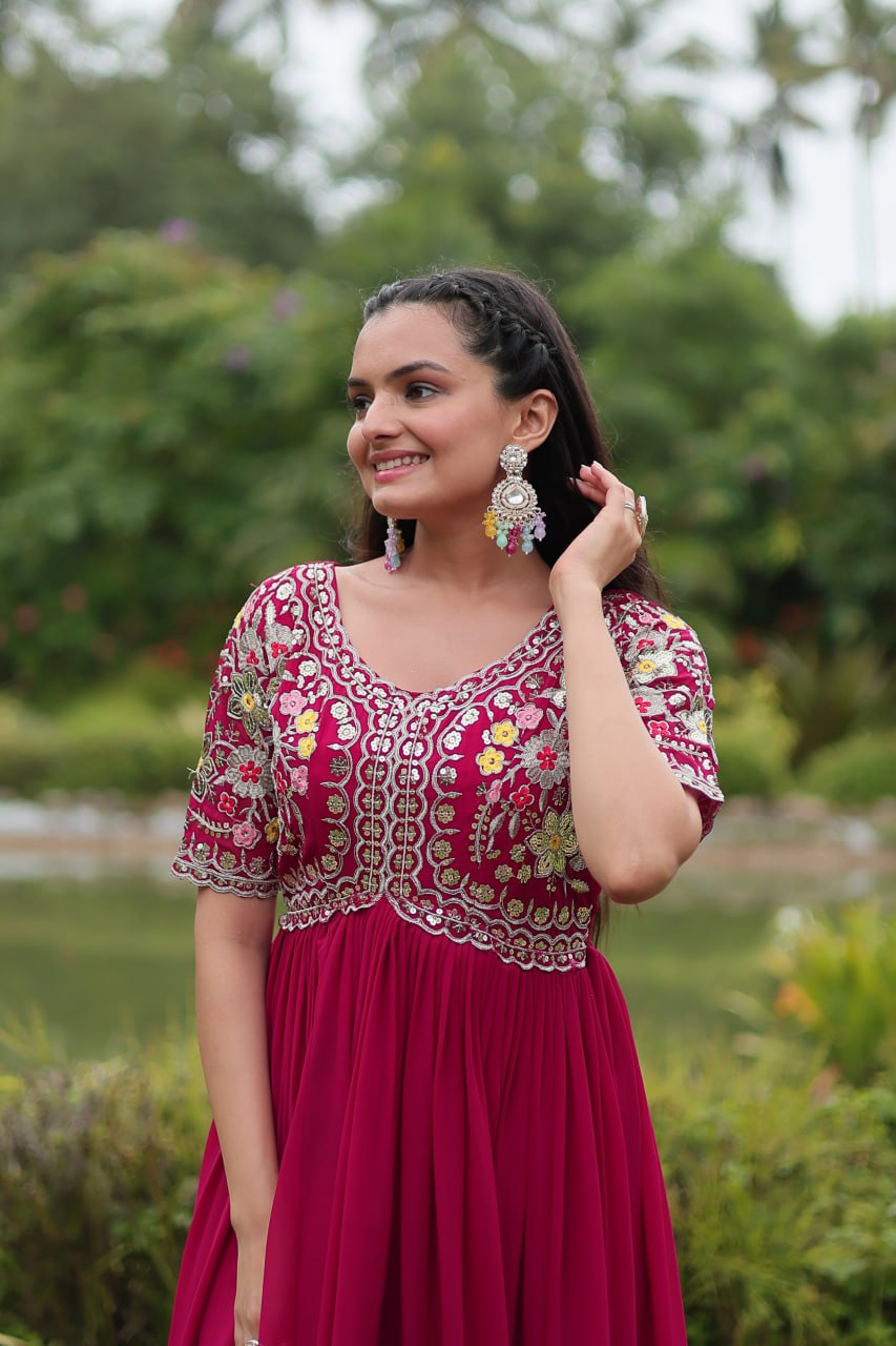 Magenta Luxury Designer Gown with Zari and Sequins Embroidery