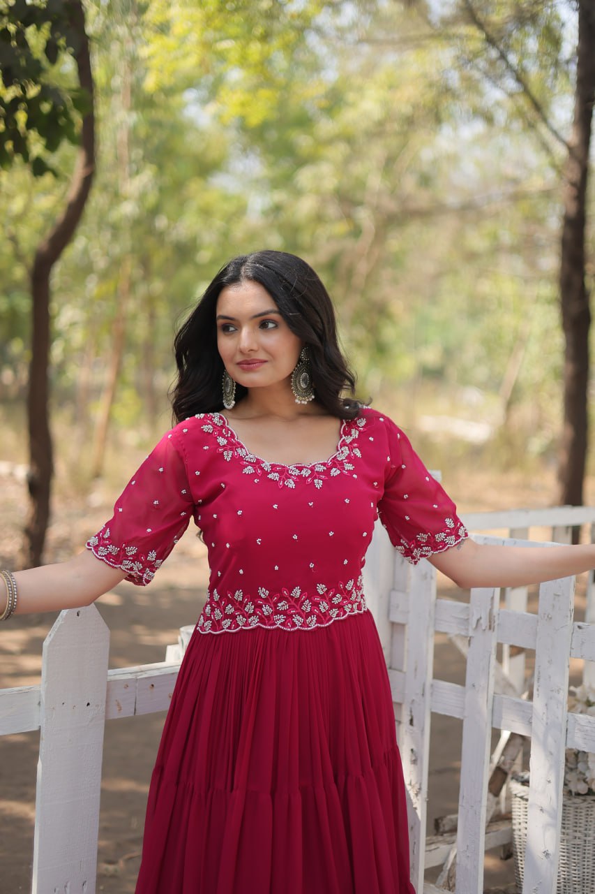 Pink Exquisite Faux Blooming Gown with Beads Embroidery