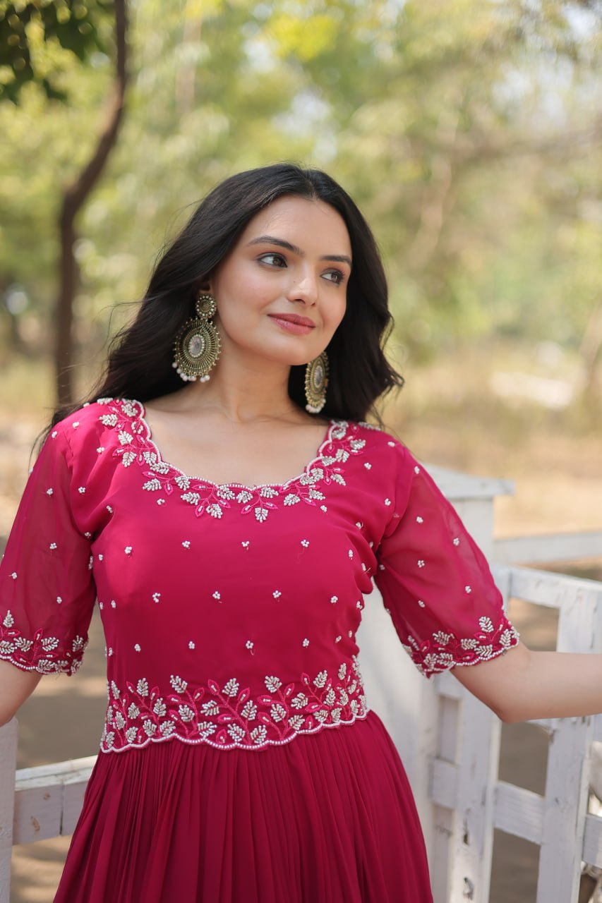 Pink Exquisite Faux Blooming Gown with Beads Embroidery