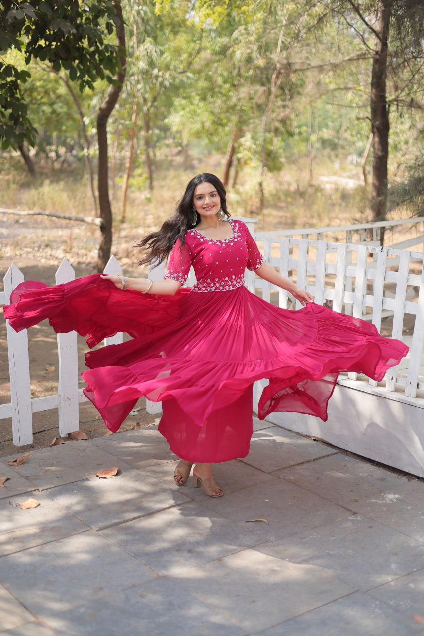 Pink Exquisite Faux Blooming Gown with Beads Embroidery