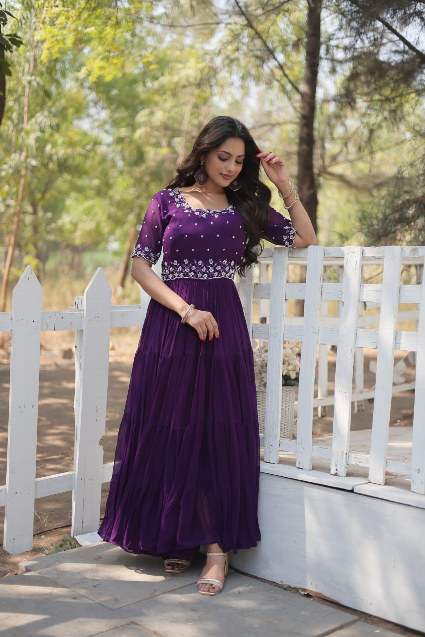Purple Exquisite Faux Blooming Gown with Beads Embroidery