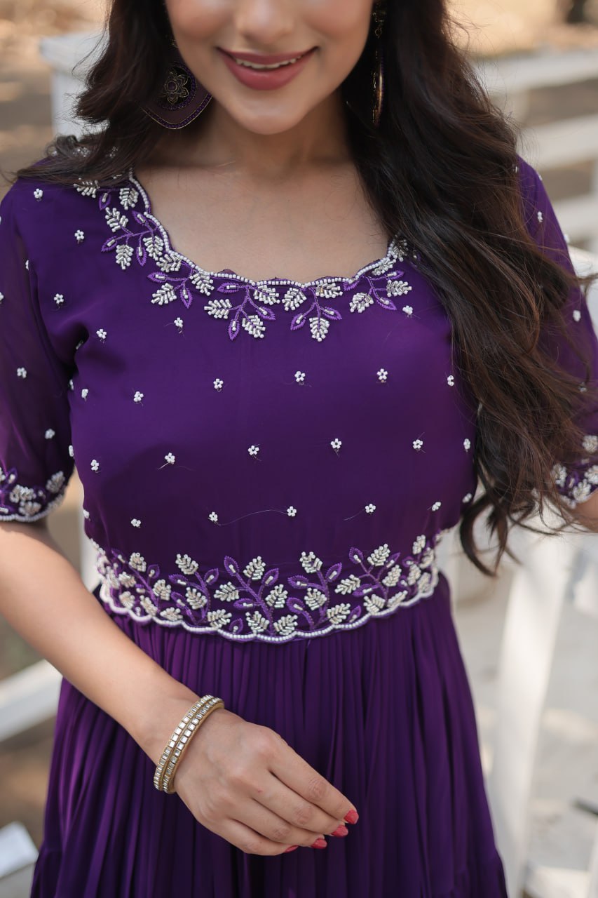 Purple Exquisite Faux Blooming Gown with Beads Embroidery