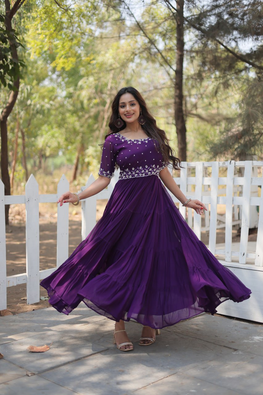 Purple Exquisite Faux Blooming Gown with Beads Embroidery