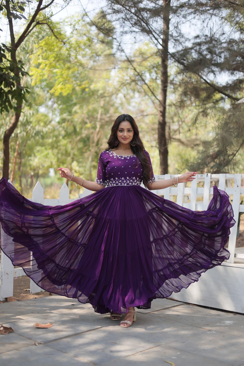 Purple Exquisite Faux Blooming Gown with Beads Embroidery