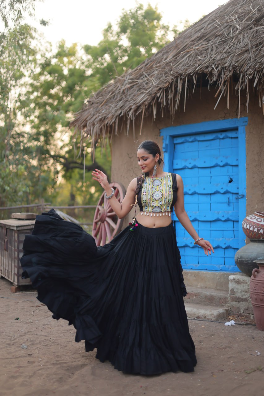 Black Traditional Reyon Lehenga Set with Embroidered Blouse and Koti