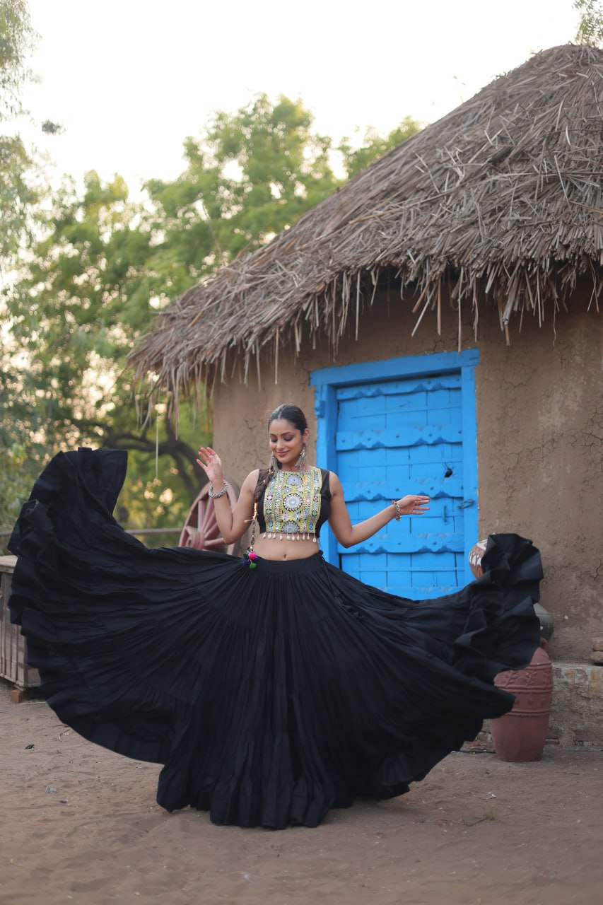 Black Traditional Reyon Lehenga Set with Embroidered Blouse and Koti