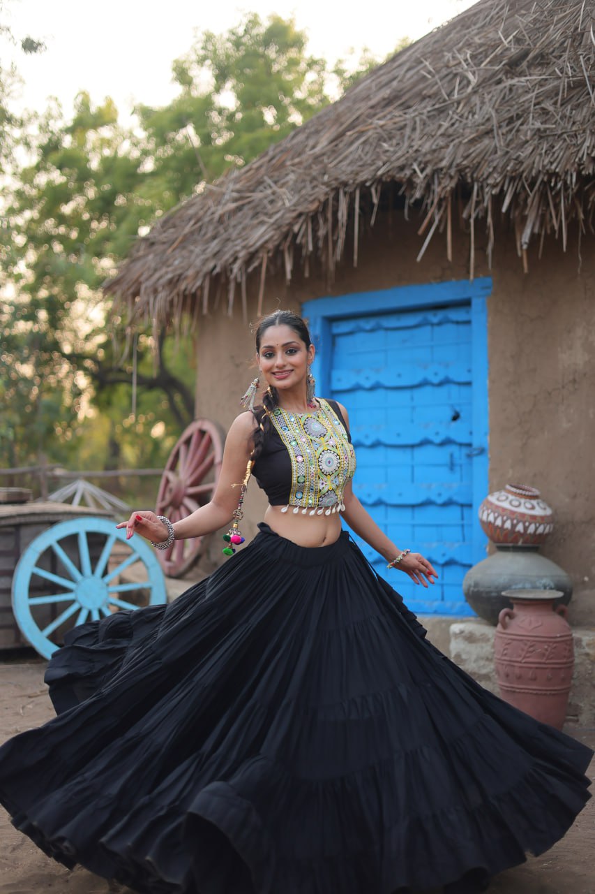 Black Traditional Reyon Lehenga Set with Embroidered Blouse and Koti