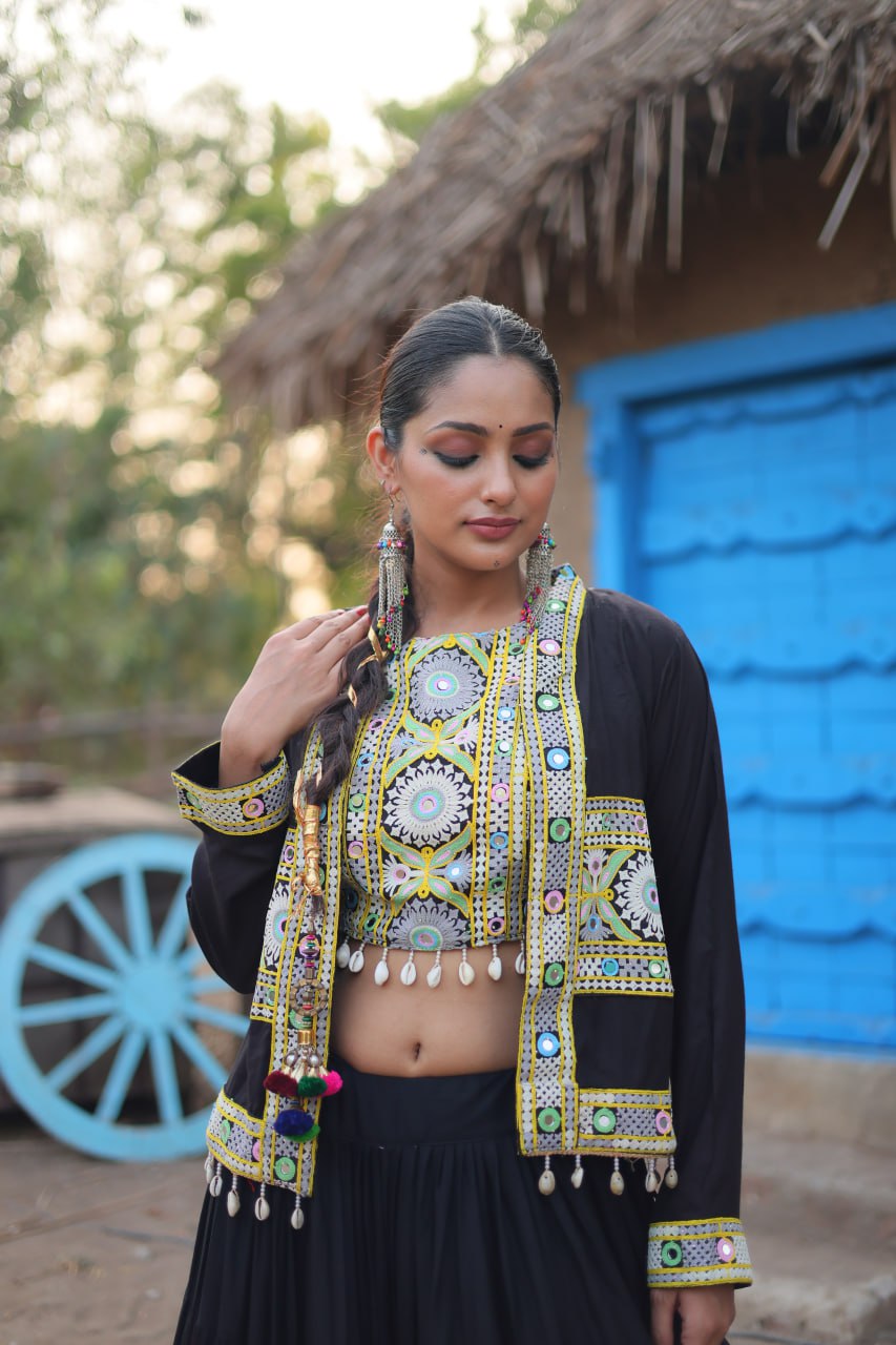 Black Traditional Reyon Lehenga Set with Embroidered Blouse and Koti
