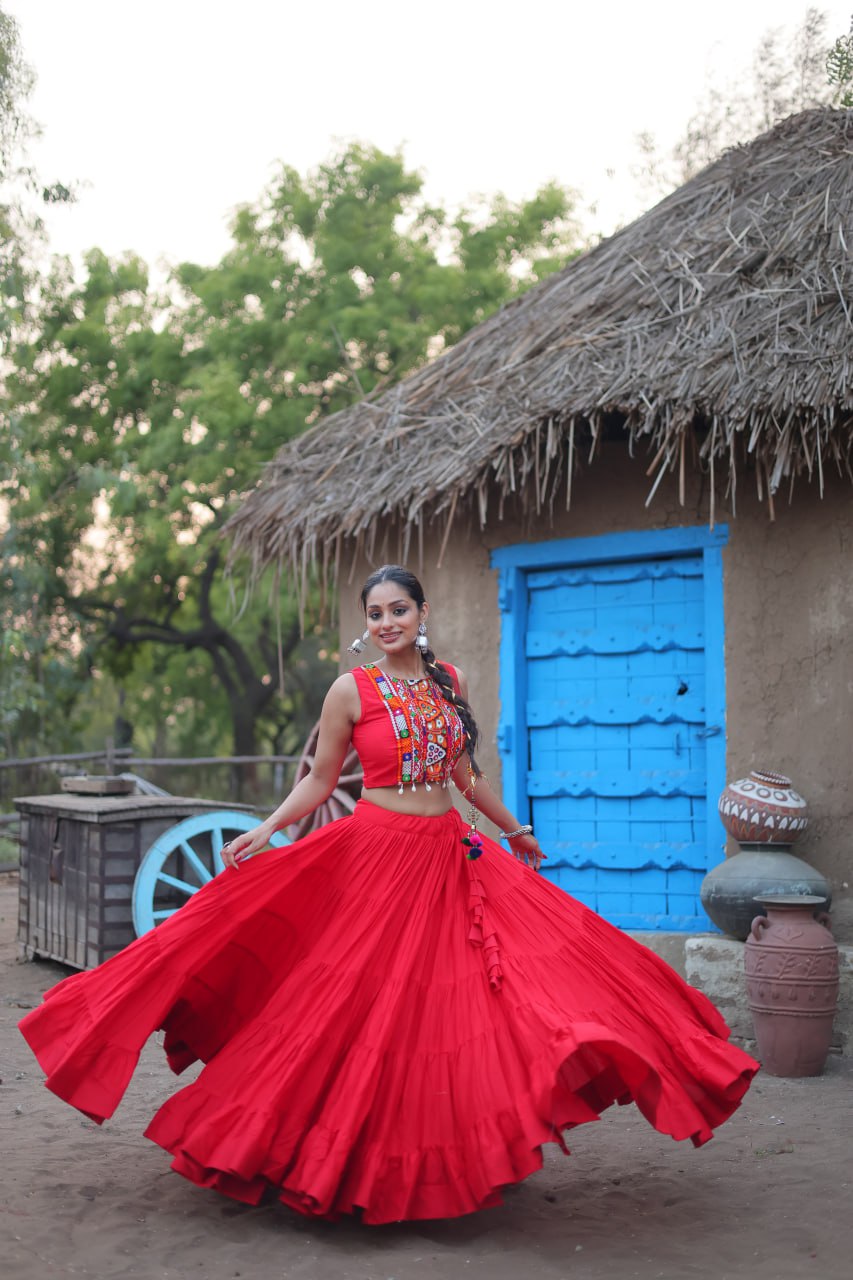 Red Traditional Reyon Lehenga Set with Embroidered Blouse and Koti