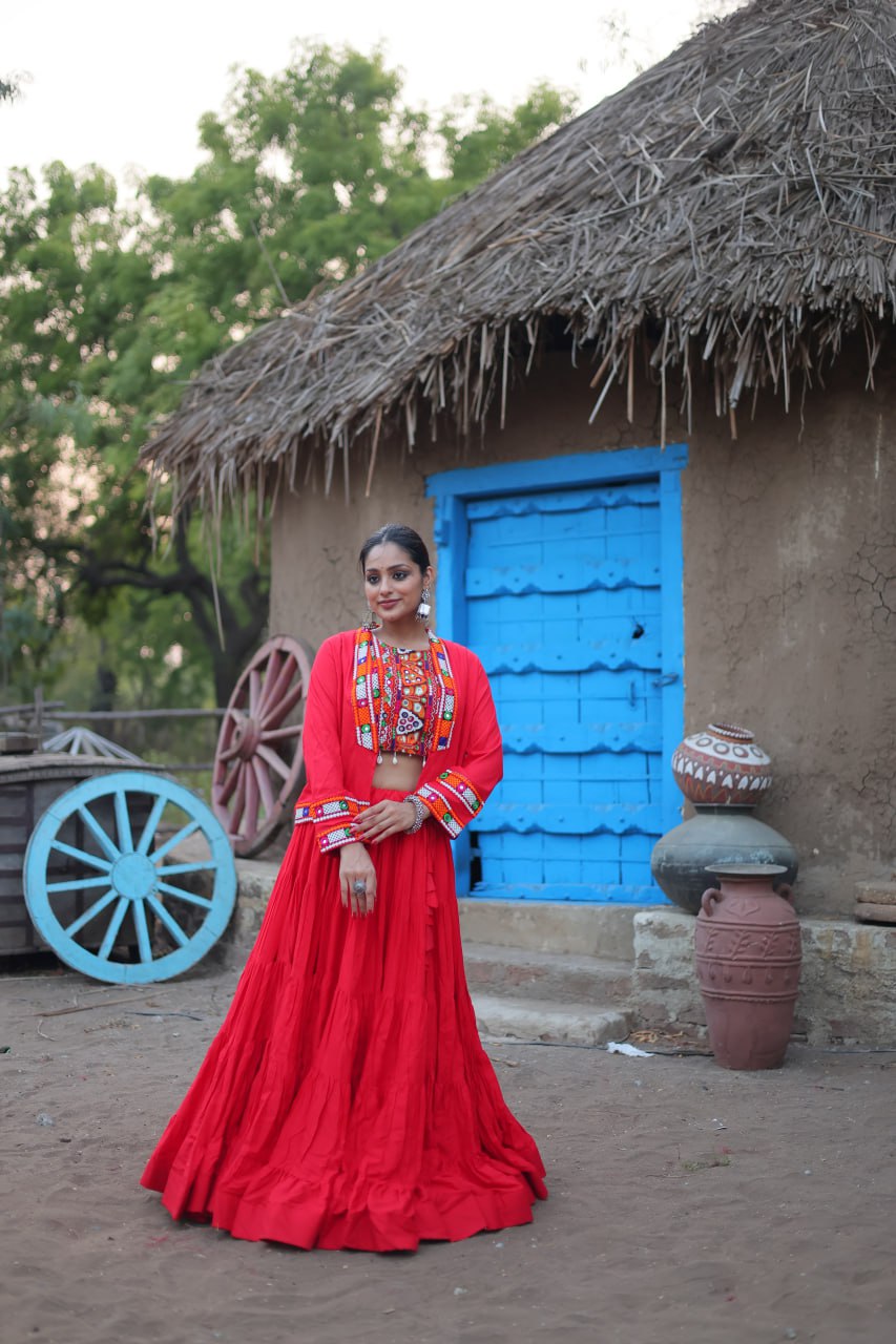 Red Traditional Reyon Lehenga Set with Embroidered Blouse and Koti