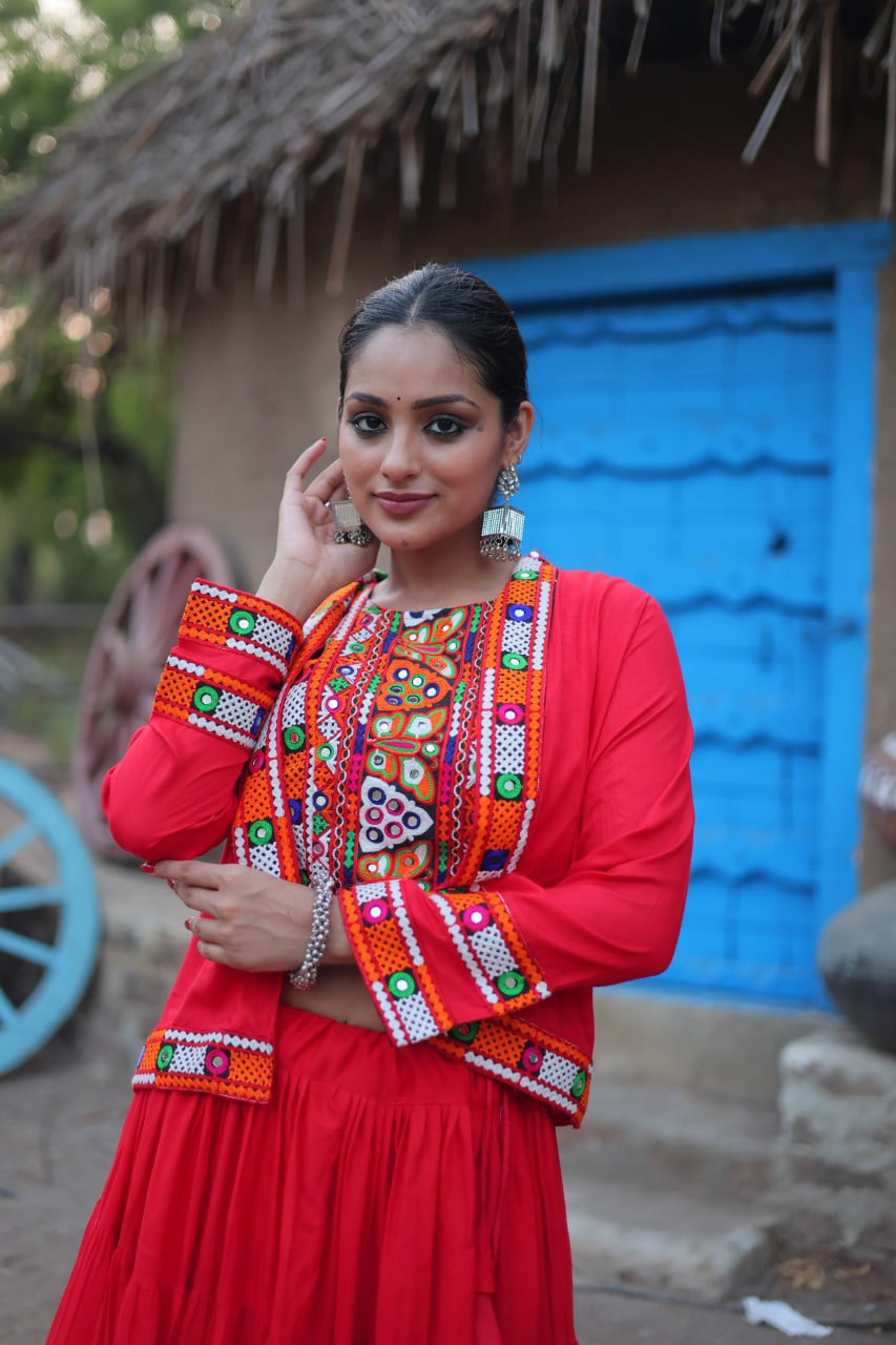 Red Traditional Reyon Lehenga Set with Embroidered Blouse and Koti