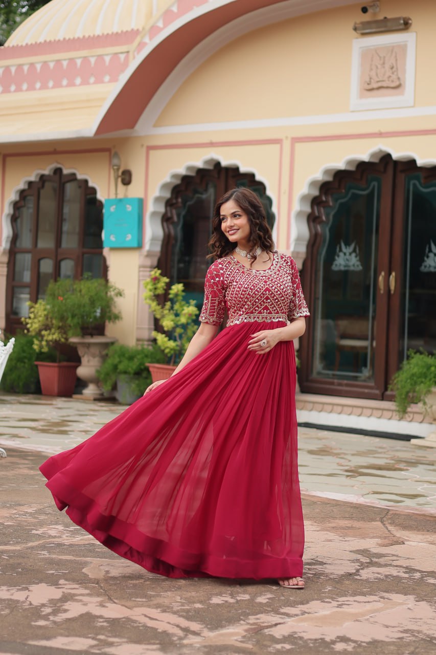 Red Luxury Faux Blooming Designer Gown with Zari & Sequins Embroidery