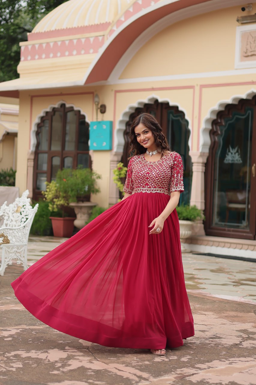 Red Luxury Faux Blooming Designer Gown with Zari & Sequins Embroidery