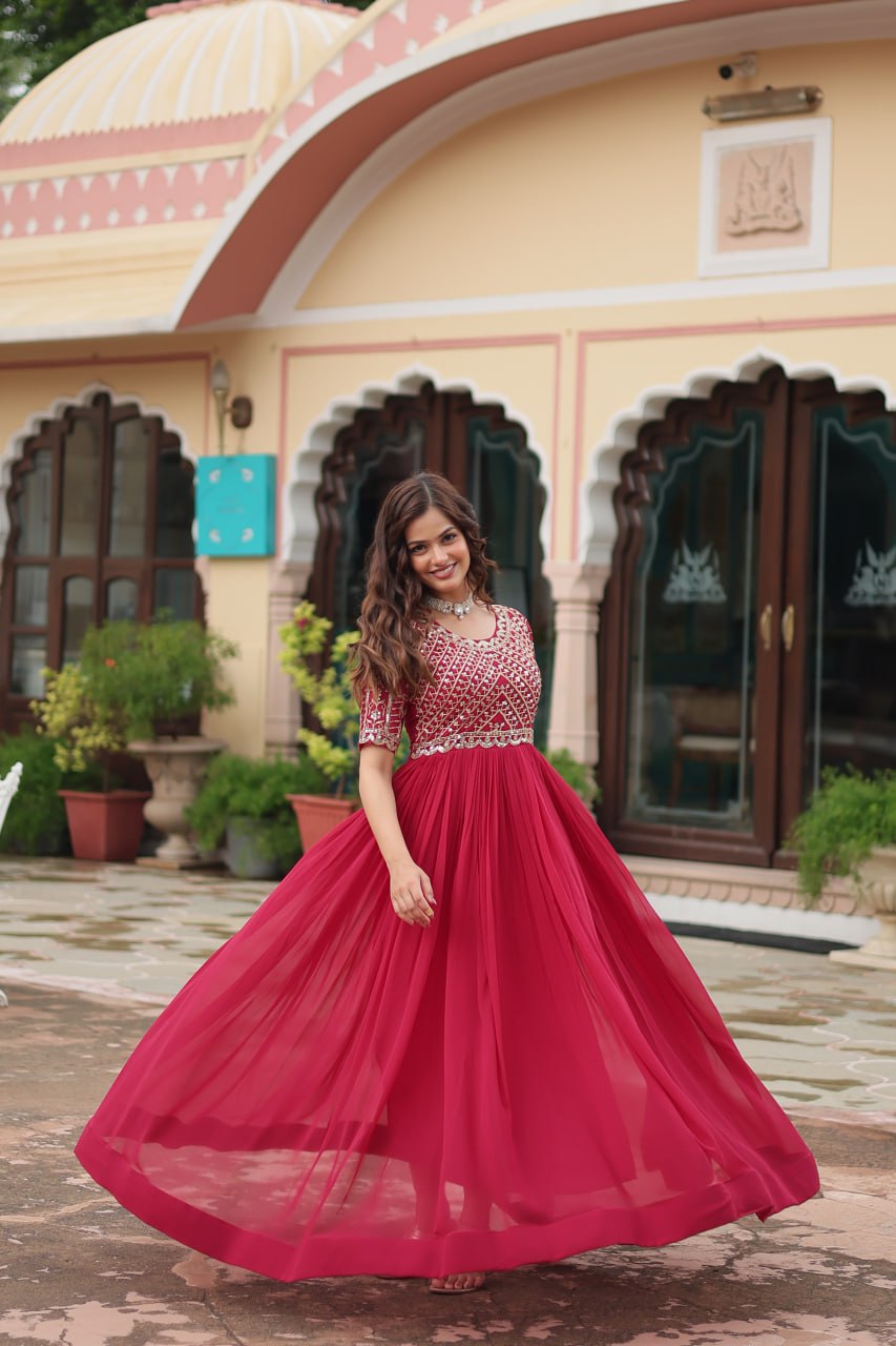 Red Luxury Faux Blooming Designer Gown with Zari & Sequins Embroidery