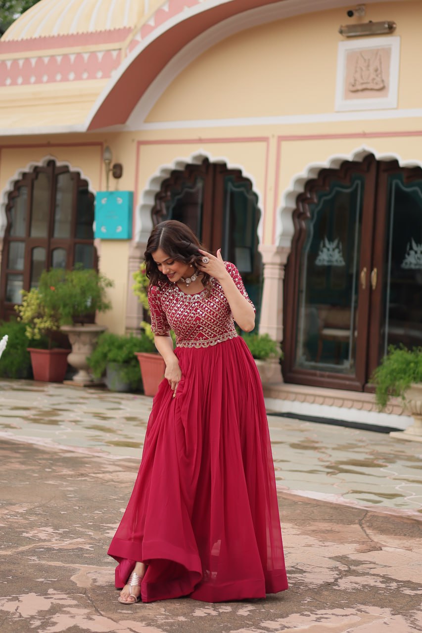 Red Luxury Faux Blooming Designer Gown with Zari & Sequins Embroidery