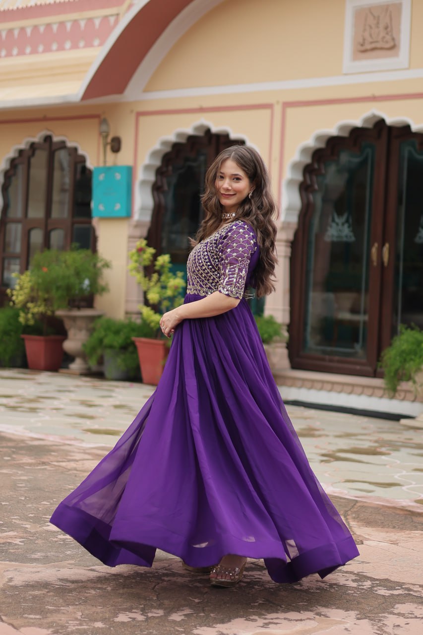 Blue Luxury Faux Blooming Designer Gown with Zari & Sequins Embroidery
