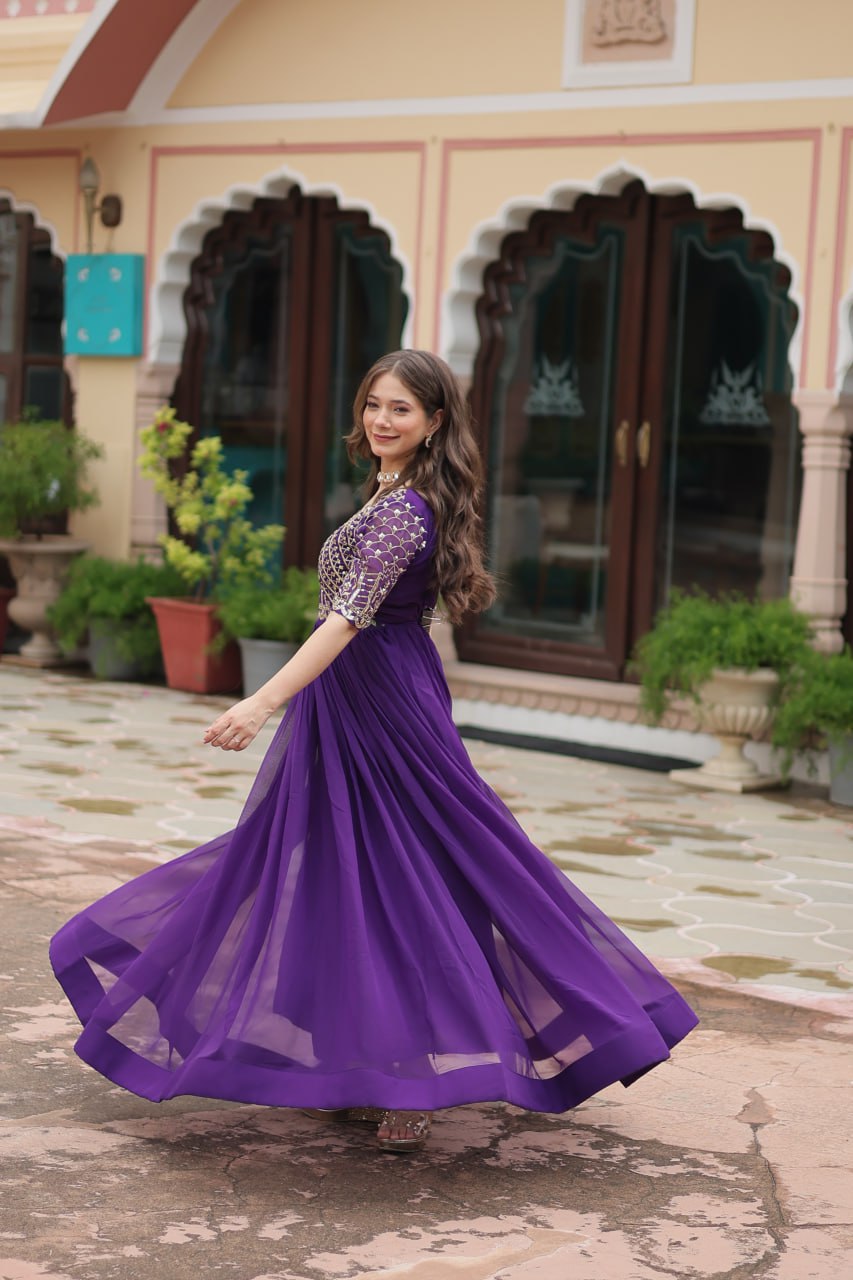 Blue Luxury Faux Blooming Designer Gown with Zari & Sequins Embroidery