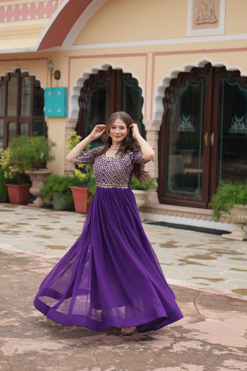 Blue Luxury Faux Blooming Designer Gown with Zari & Sequins Embroidery