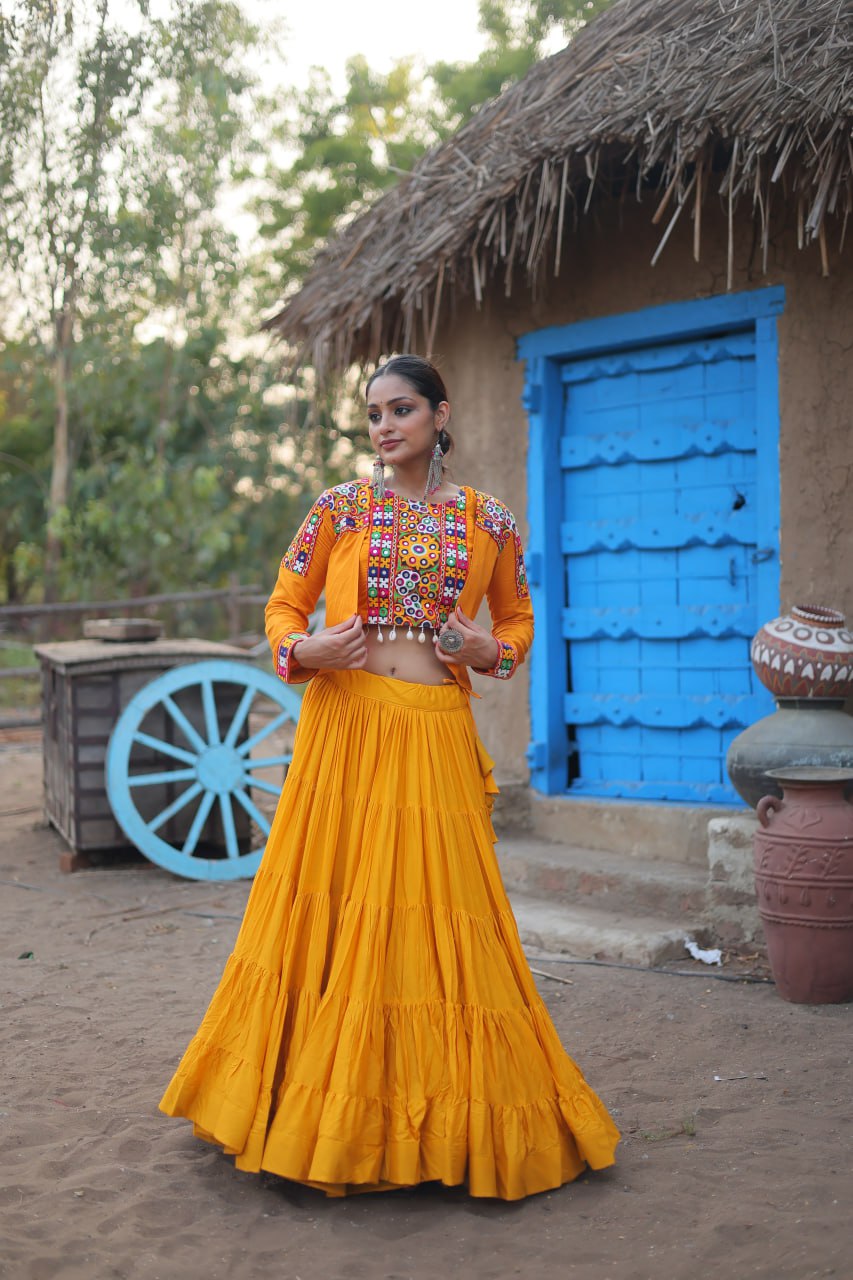 Yellow Rayon Lehenga Set with Embroidered Gamthi Work