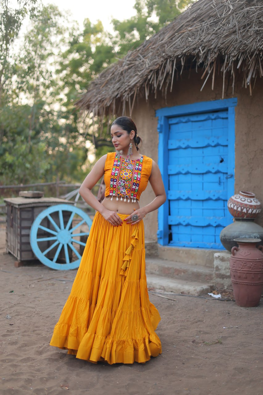 Yellow Rayon Lehenga Set with Embroidered Gamthi Work