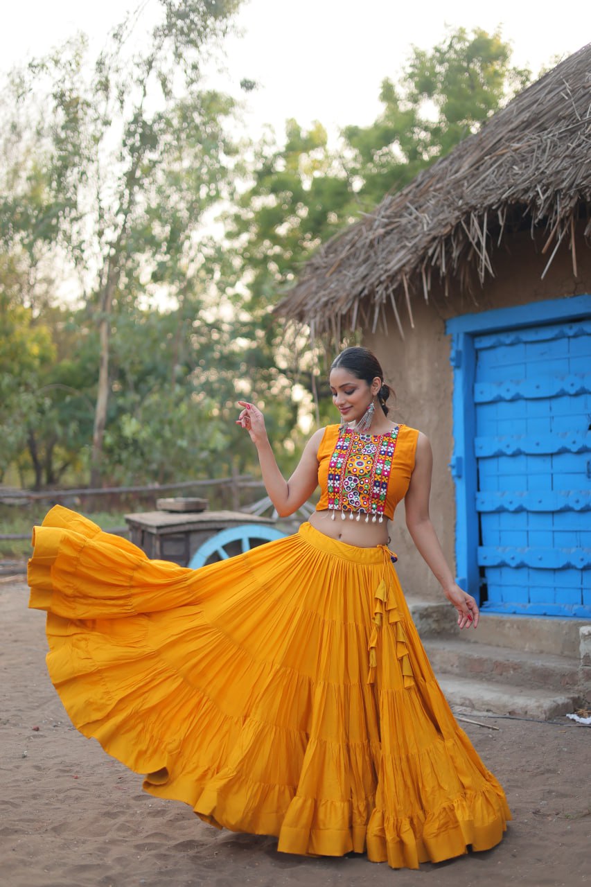 Yellow Rayon Lehenga Set with Embroidered Gamthi Work