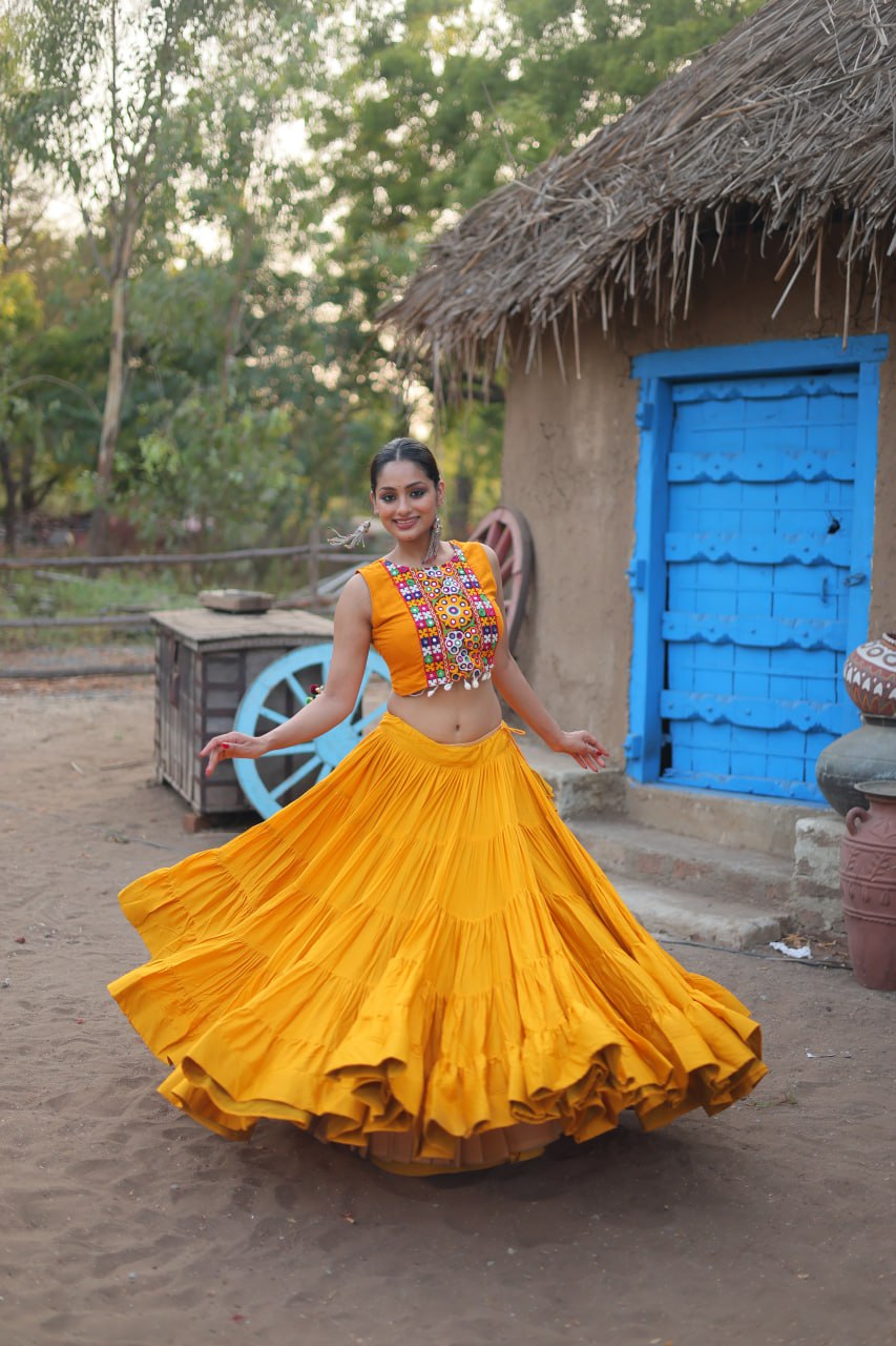 Yellow Rayon Lehenga Set with Embroidered Gamthi Work