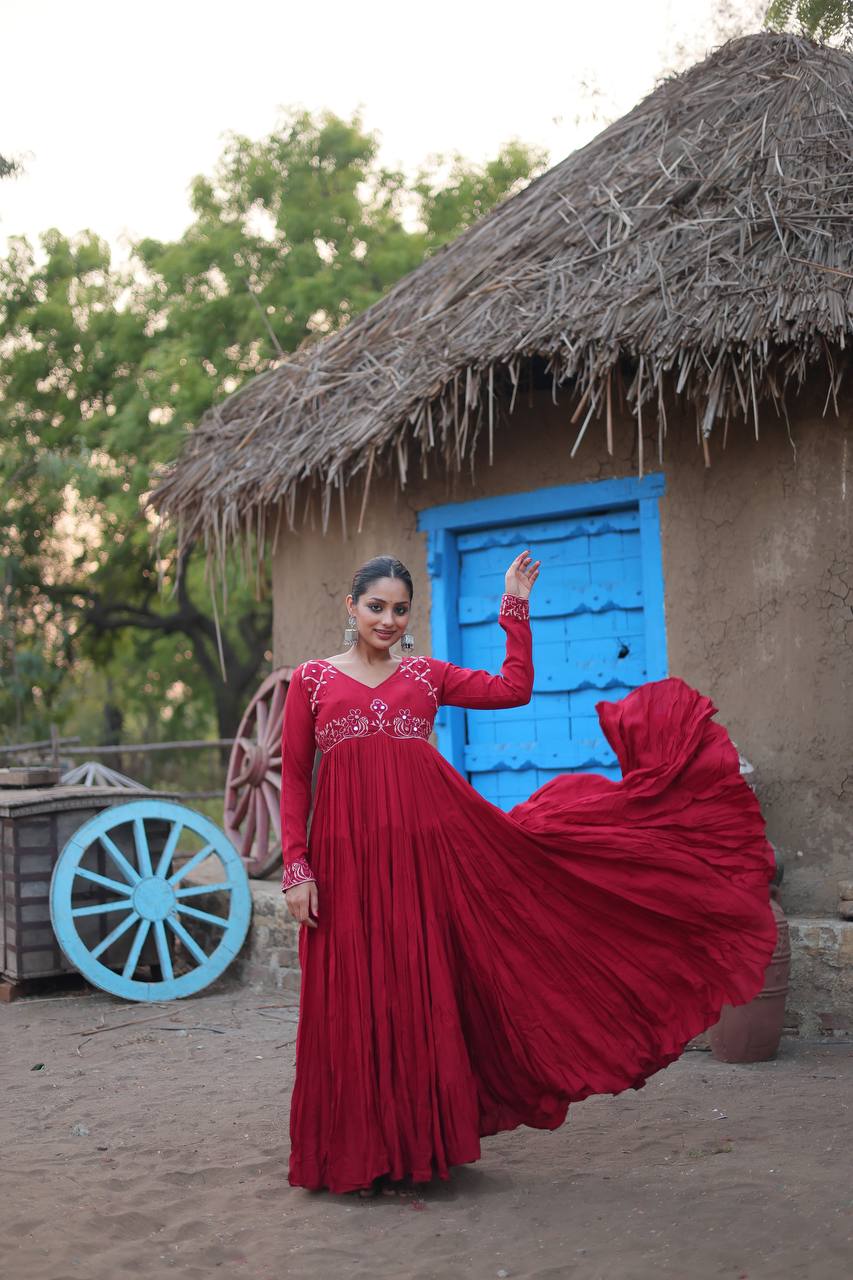 Maroon Rayon Gown with Real Mirror Work and 5-Layer Gathering Stitch