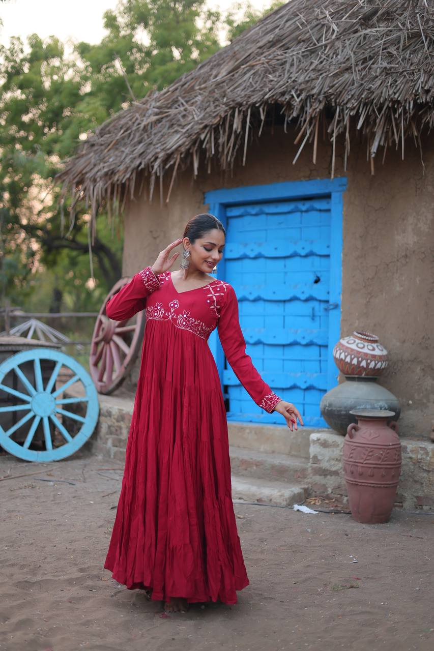 Maroon Rayon Gown with Real Mirror Work and 5-Layer Gathering Stitch
