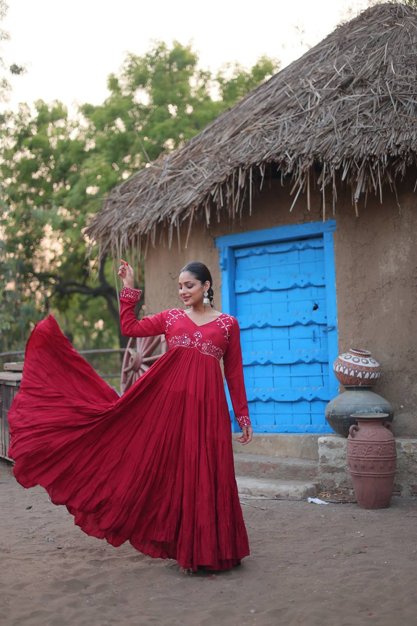 Maroon Rayon Gown with Real Mirror Work and 5-Layer Gathering Stitch