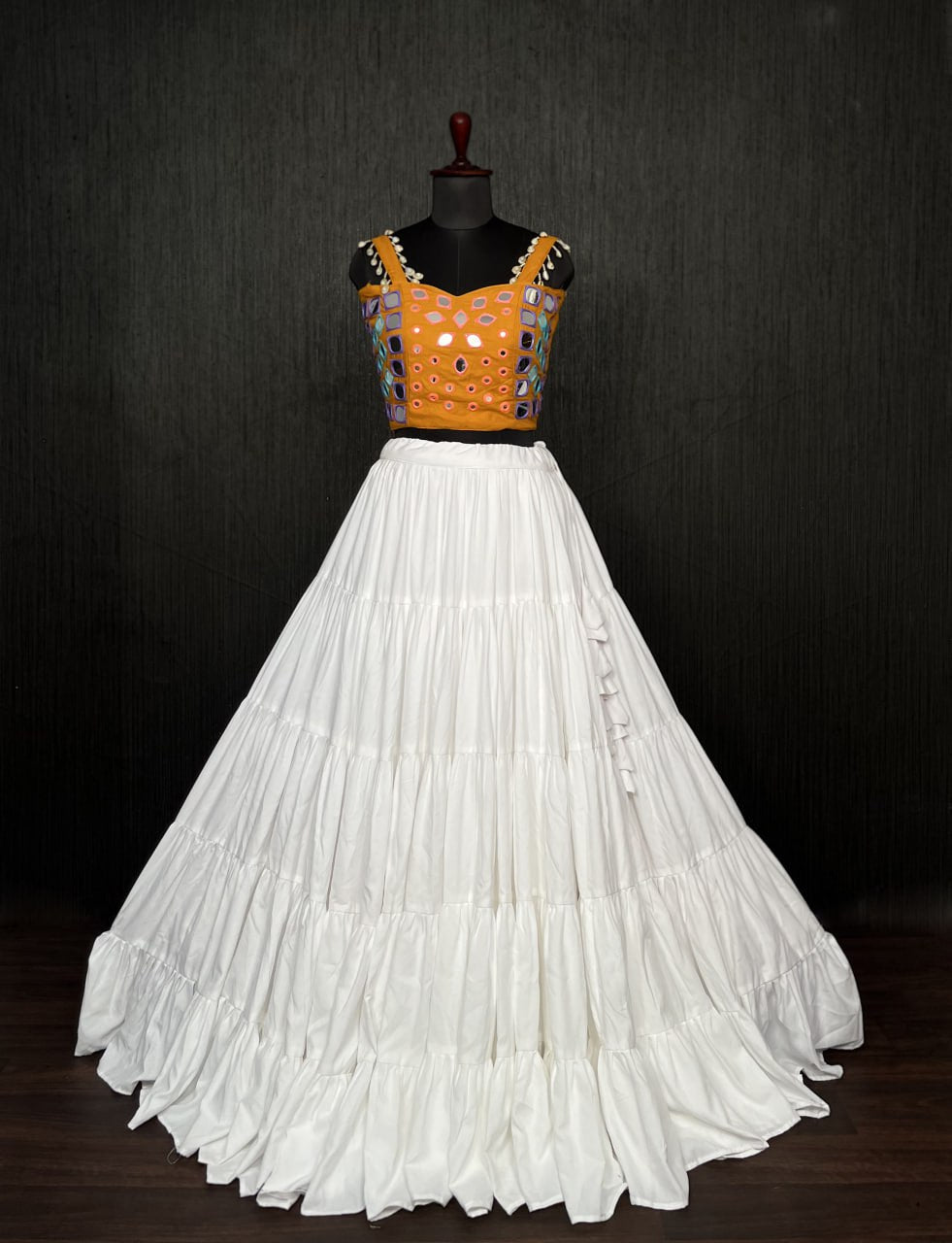 White Lehenga & Yellow Choli Set Designer Rayon  with Real Mirror & Kodi Work