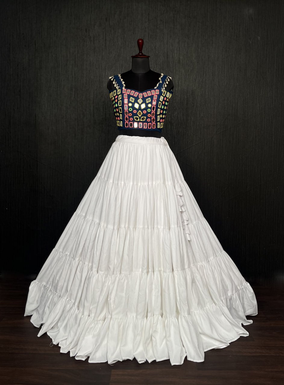 White Lehenga & Navy Blue Choli Set Designer Rayon  with Real Mirror & Kodi Work