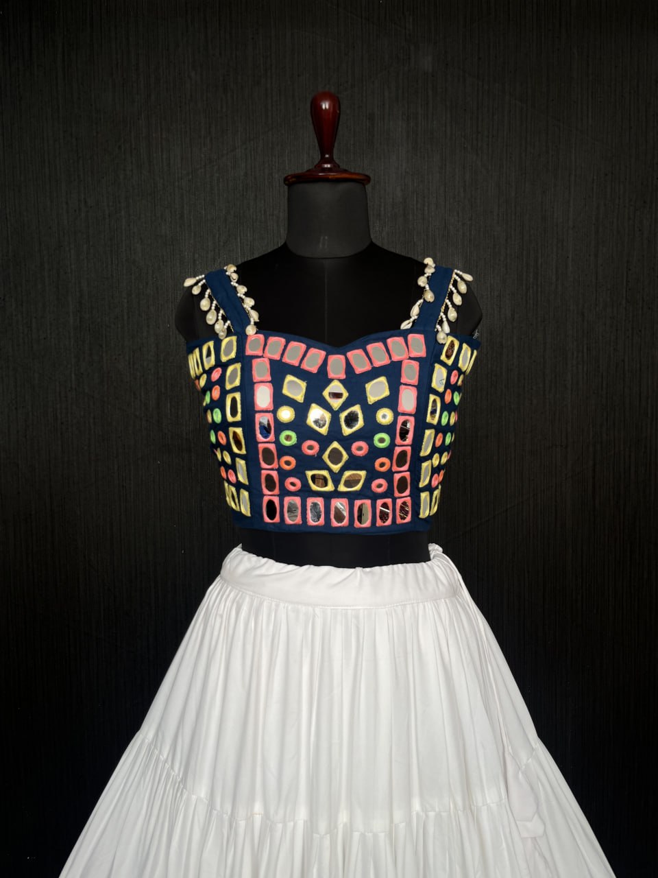 White Lehenga & Navy Blue Choli Set Designer Rayon  with Real Mirror & Kodi Work