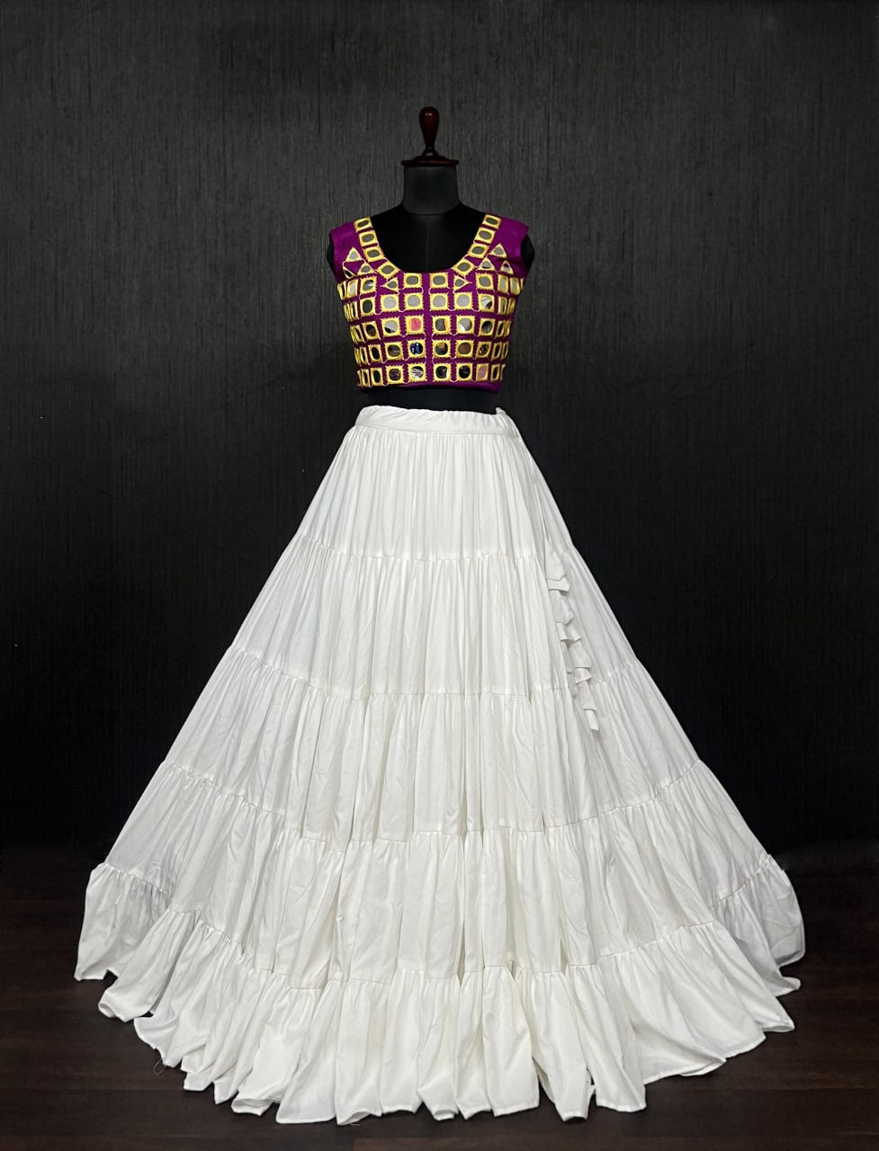 White Lehenga & Purple Choli Set Designer Rayon  with Real Mirror & Kodi Work