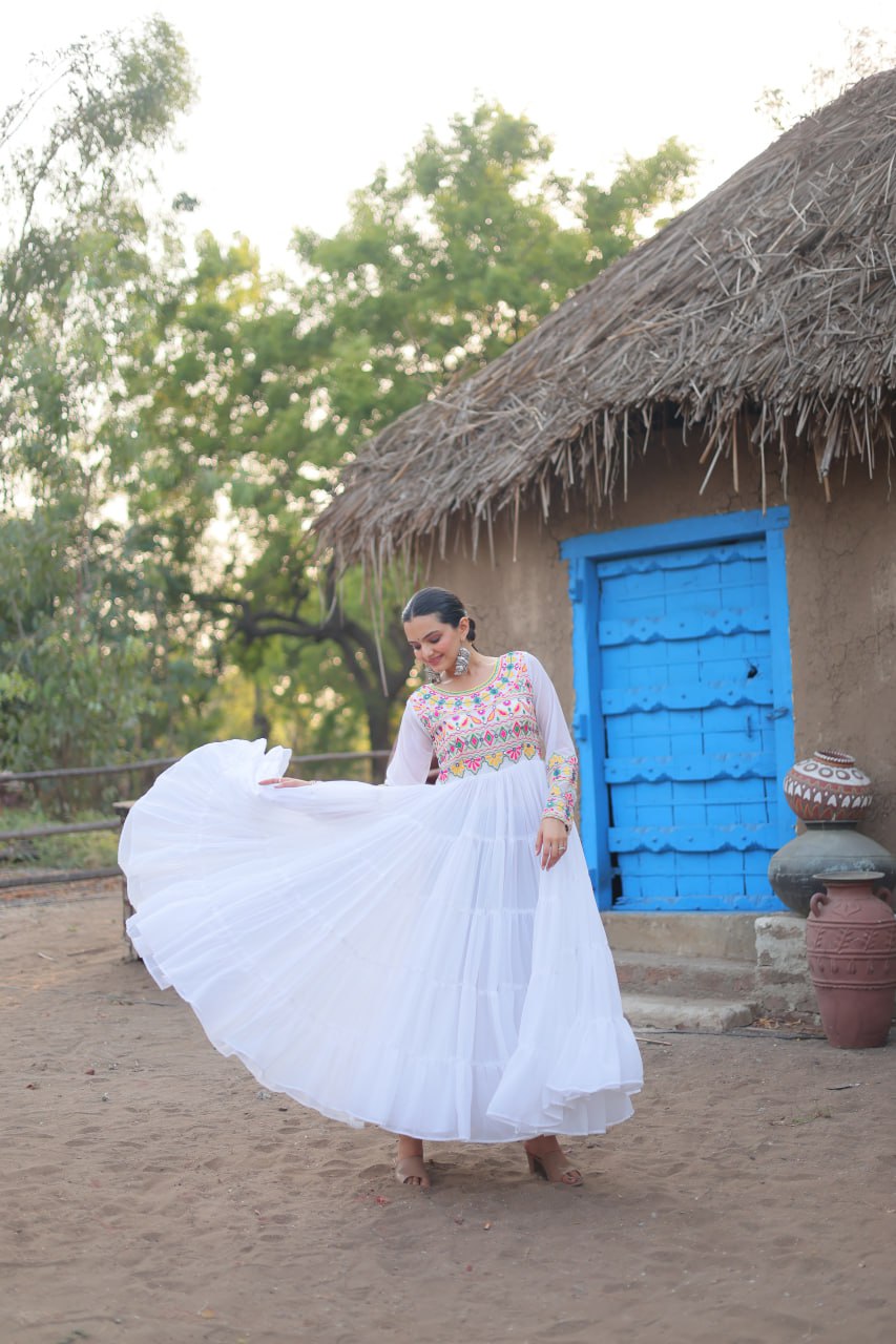 White Elegant Faux Blooming Gown with Kutchi Gamthi Work
