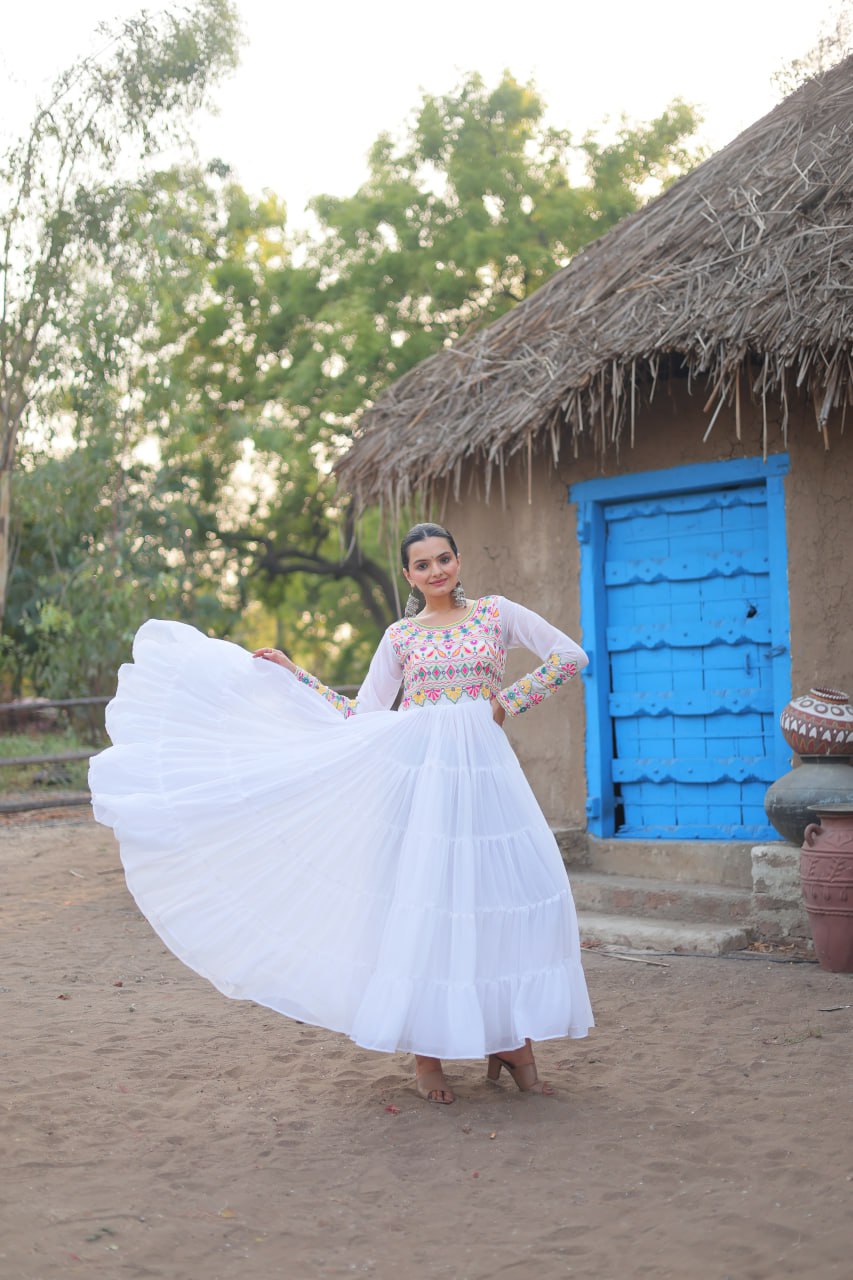 White Elegant Faux Blooming Gown with Kutchi Gamthi Work