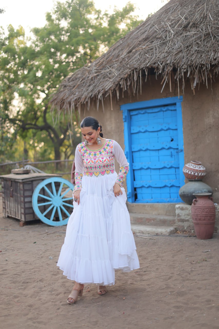 White Elegant Faux Blooming Gown with Kutchi Gamthi Work