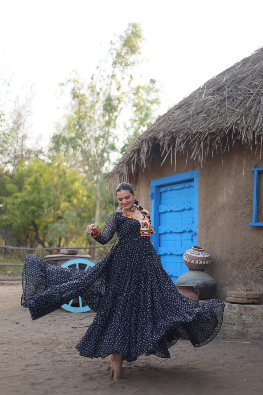 Black Elegant Bandhani Print Faux Georgette Gown with Kutchi Patchwork