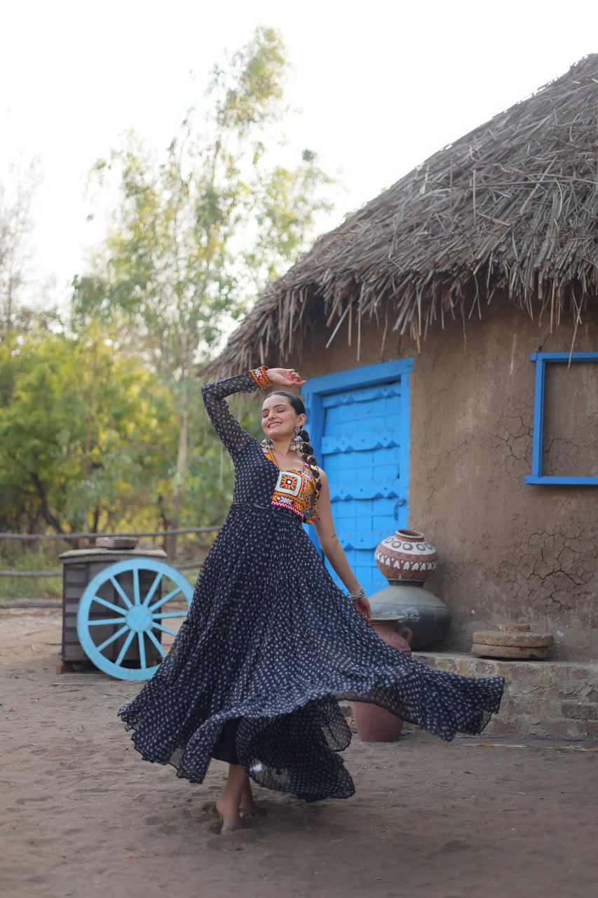 Black Elegant Bandhani Print Faux Georgette Gown with Kutchi Patchwork